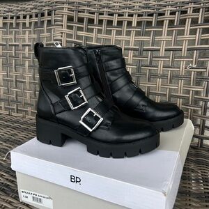 BP Faux Leather Black Triple Buckle Combat Boots